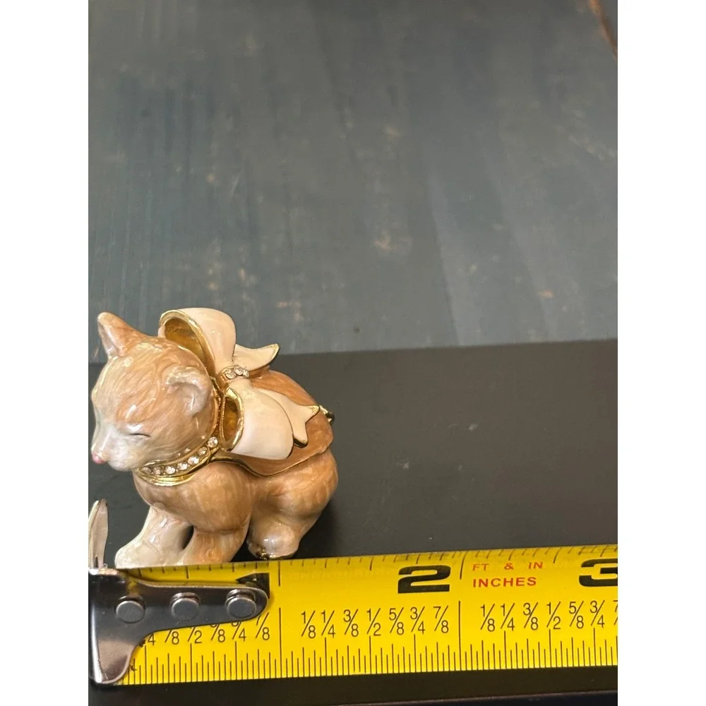 Enamel Ginger Cat Trinket Box Hinged Jewelry Holder with White Bow Rhinestone